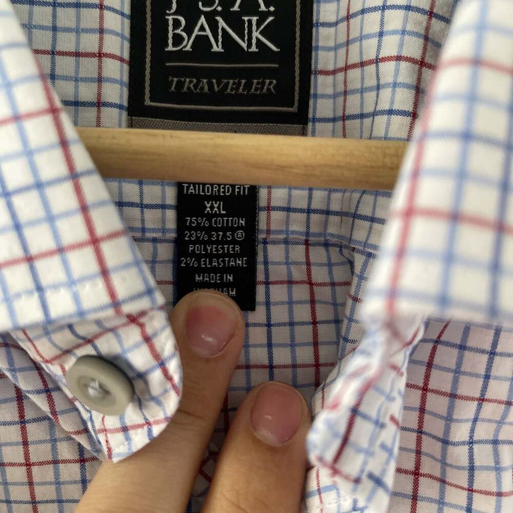 Jos. A. Bank Men's White Red Blue Plaid Long Sleeve Button-Up Shirt - Picture 3 of 5